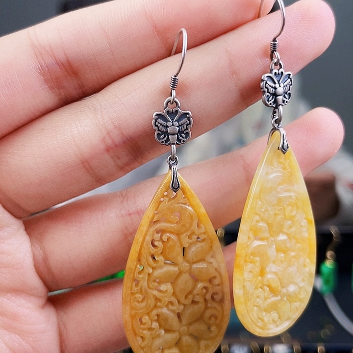 翡翠耳饰银S925镶嵌饰品