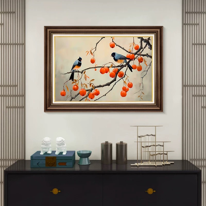 s70柿柿如意油画玄关柜背景墙装饰画新中式餐厅挂画饭厅壁画