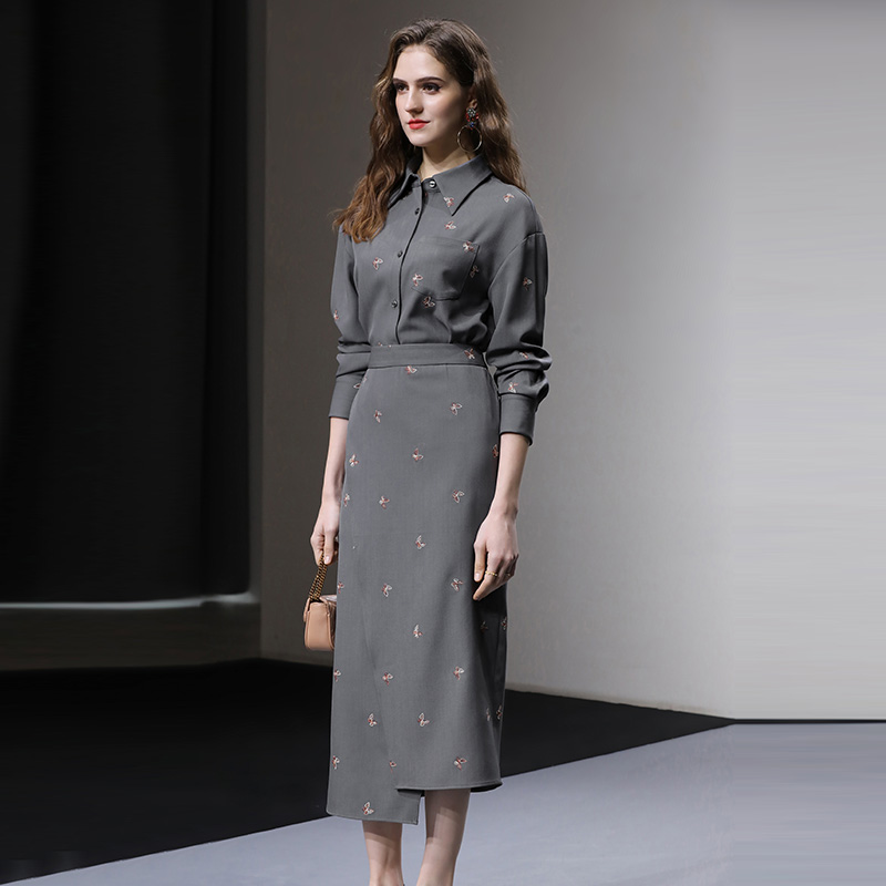 妮-春季新款时尚OL翻领绣花衬衫高腰不对称搭片半裙套装Q10134928