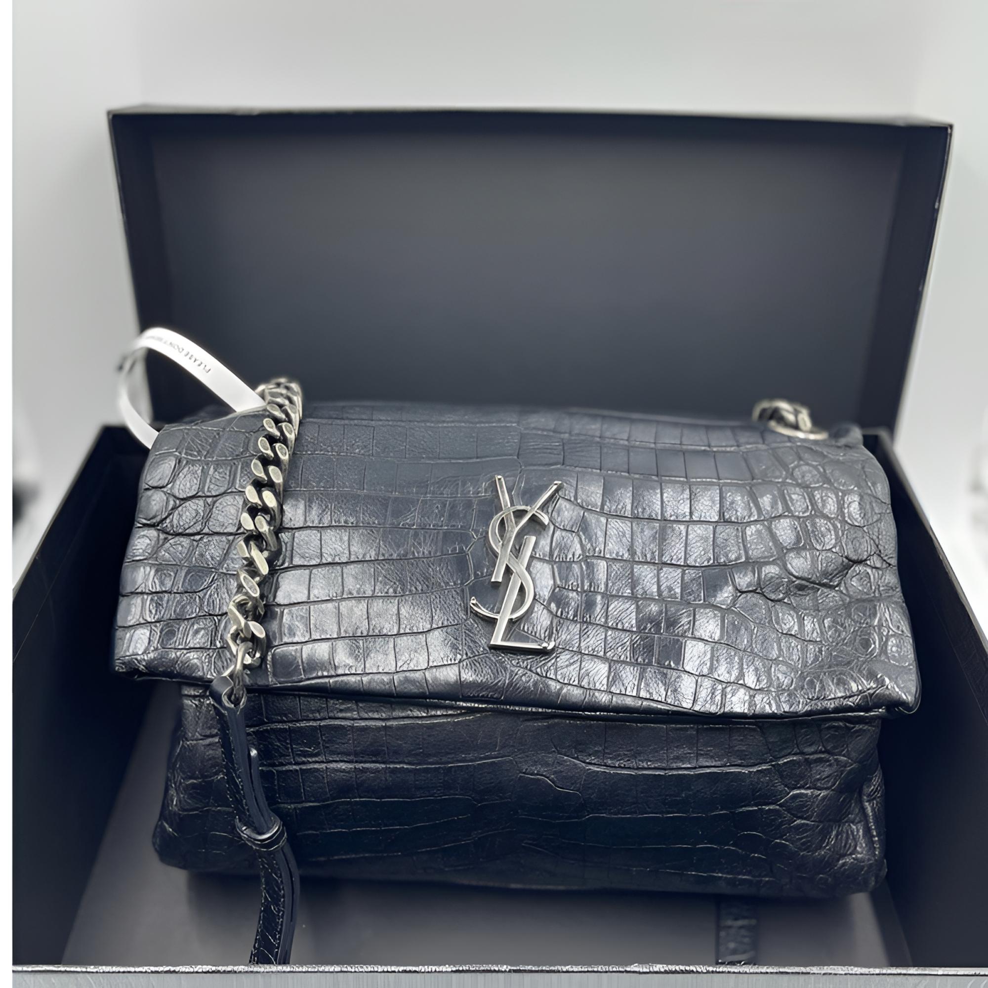 99新 YSL/圣罗兰  鳄鱼压纹链条包黑银软面女士包