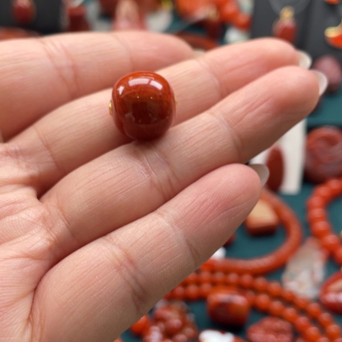 南红玛瑙18K金镶嵌瓦西南红满肉火焰老邢单珠