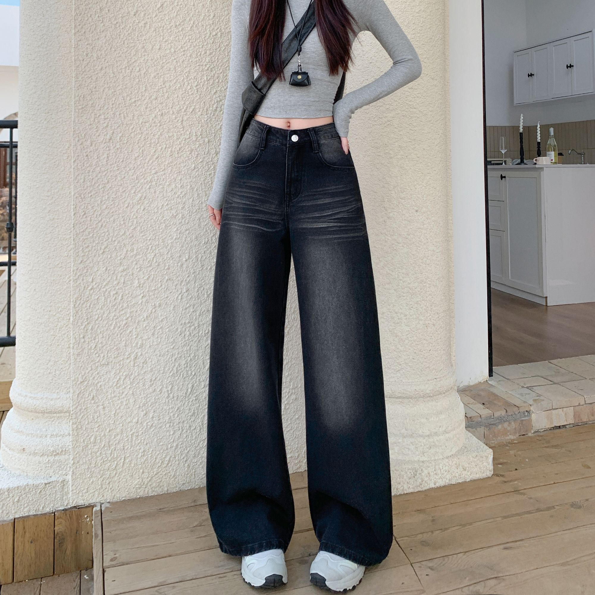 【现货】黑灰色阔腿牛仔裤女秋季2025新款高腰显瘦小个子拖地直筒裤