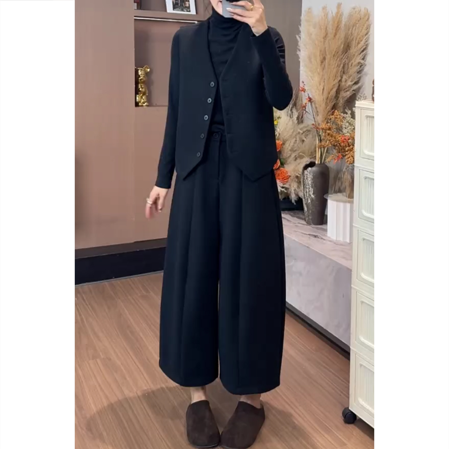 艾塔莉2025秋冬新款洋气宽松百搭两件套加厚款无袖上衣气球休闲裤