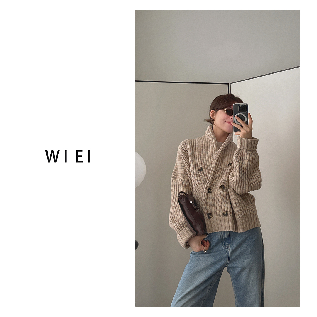 《WI EI》东京毛衣* 慵懒竖条纹理 羊毛  双排扣 开衫外套 7A242
