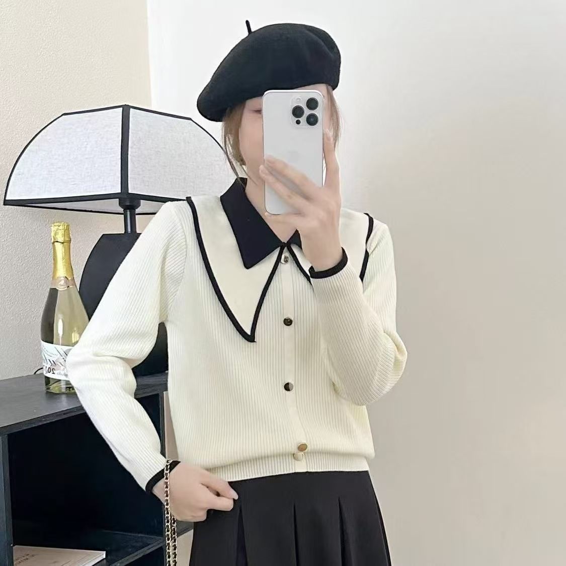 设计感娃娃领打底衫女秋冬气质内搭毛衣小香风撞色减龄百搭针织衫
