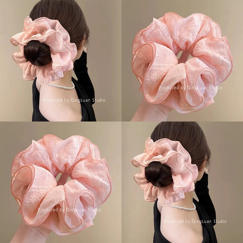 玫瑰蜜桃粉~超仙四层泡泡纱大肠发圈女后脑勺丸子头绳超仙盘发器