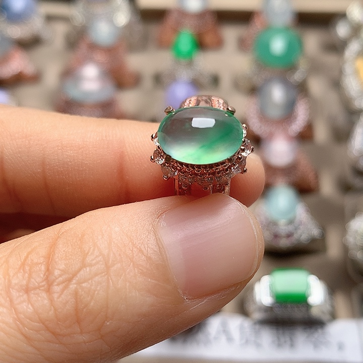 翡翠合金戒指高冰起光木纳甜绿飘金丝绿