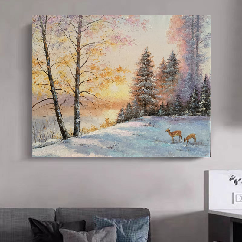 《雪林鹿影》50*60含内框，刘春建手绘油画装饰画，客厅背景墙挂画