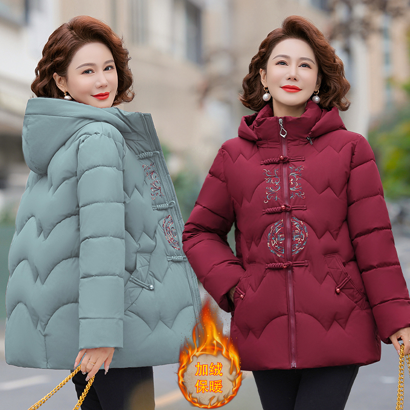 中式口袋中老年女装加绒加厚外套气质洋气妈妈装加绒外套连帽