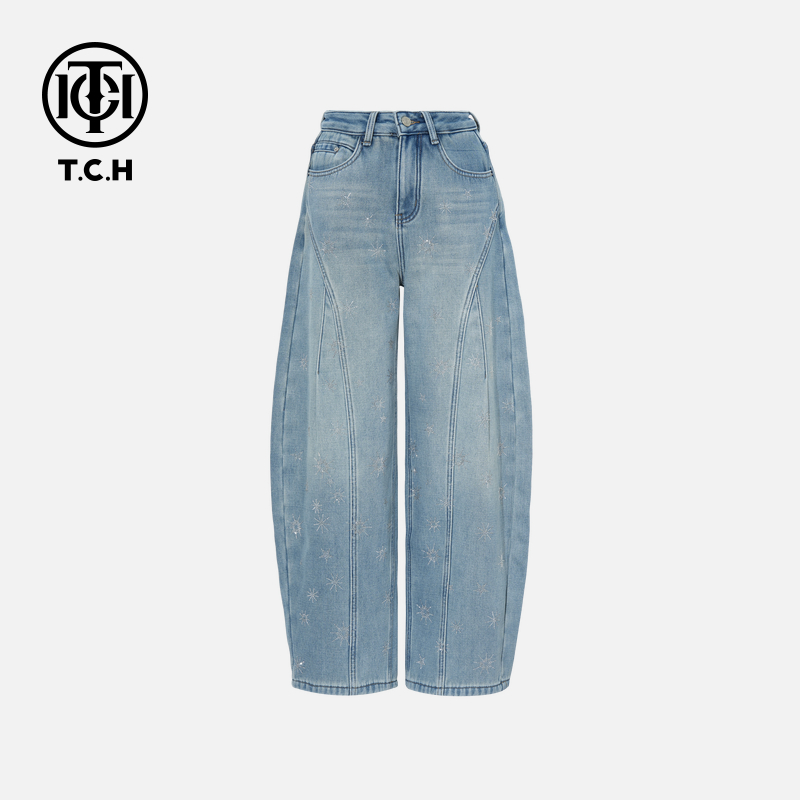 TCH冬款新时尚烫钻时尚淑女蓝色牛仔裤高腰女T75D20E1062轻奢tch