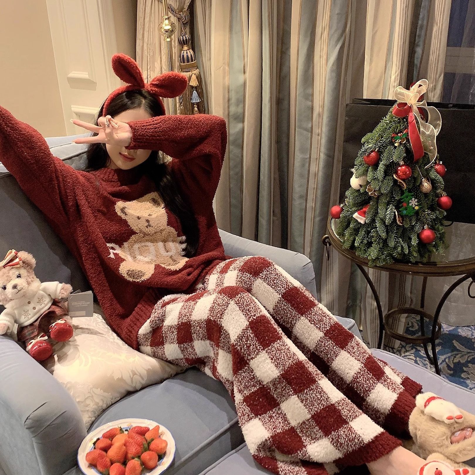 2025新款半边绒睡衣女秋冬季可爱小熊珊瑚绒加绒加厚家居服春秋天