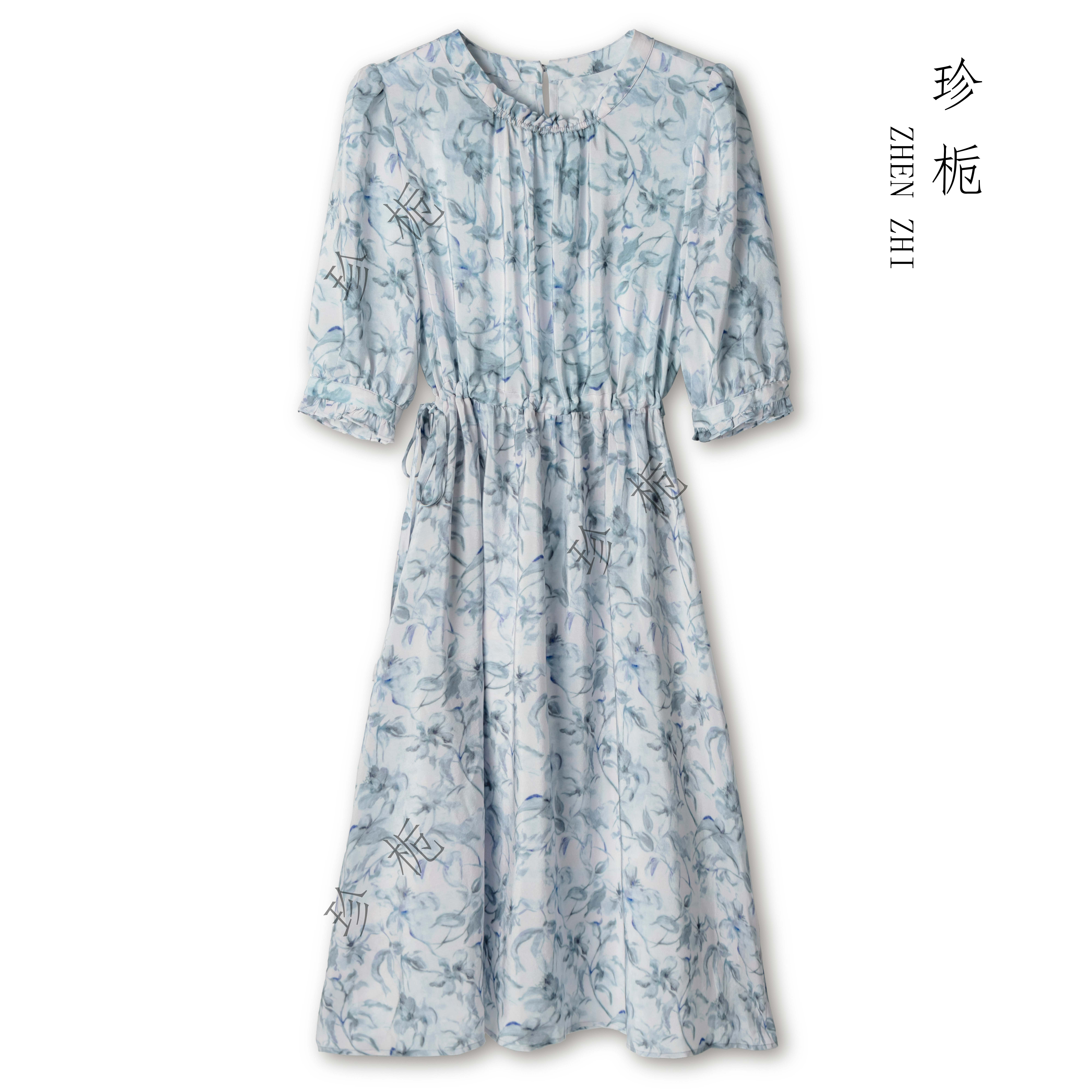 珍栀【夏末微凉】夏季新款气质04桑蚕丝蓝色连衣裙裙子DL5090-1