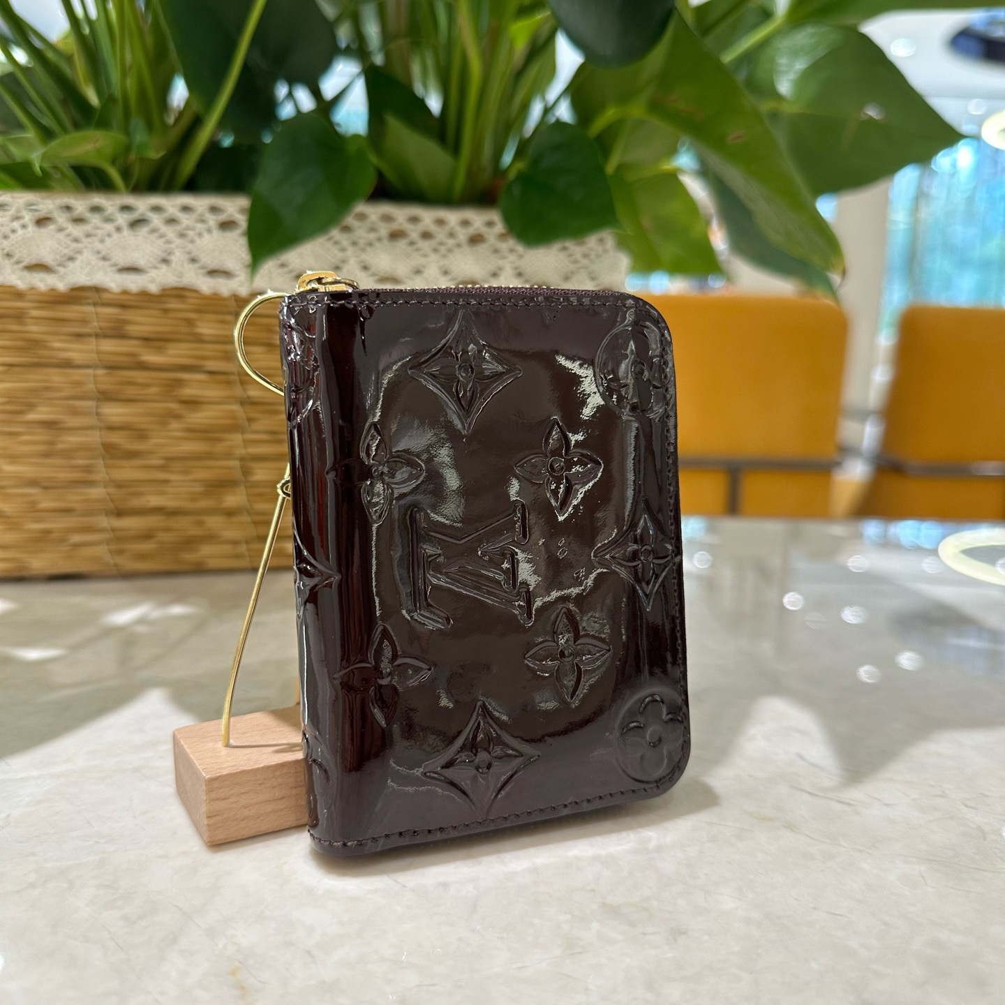 95新 LouisVuitton/路易威登 酒红色漆皮零钱包卡包W110143二店