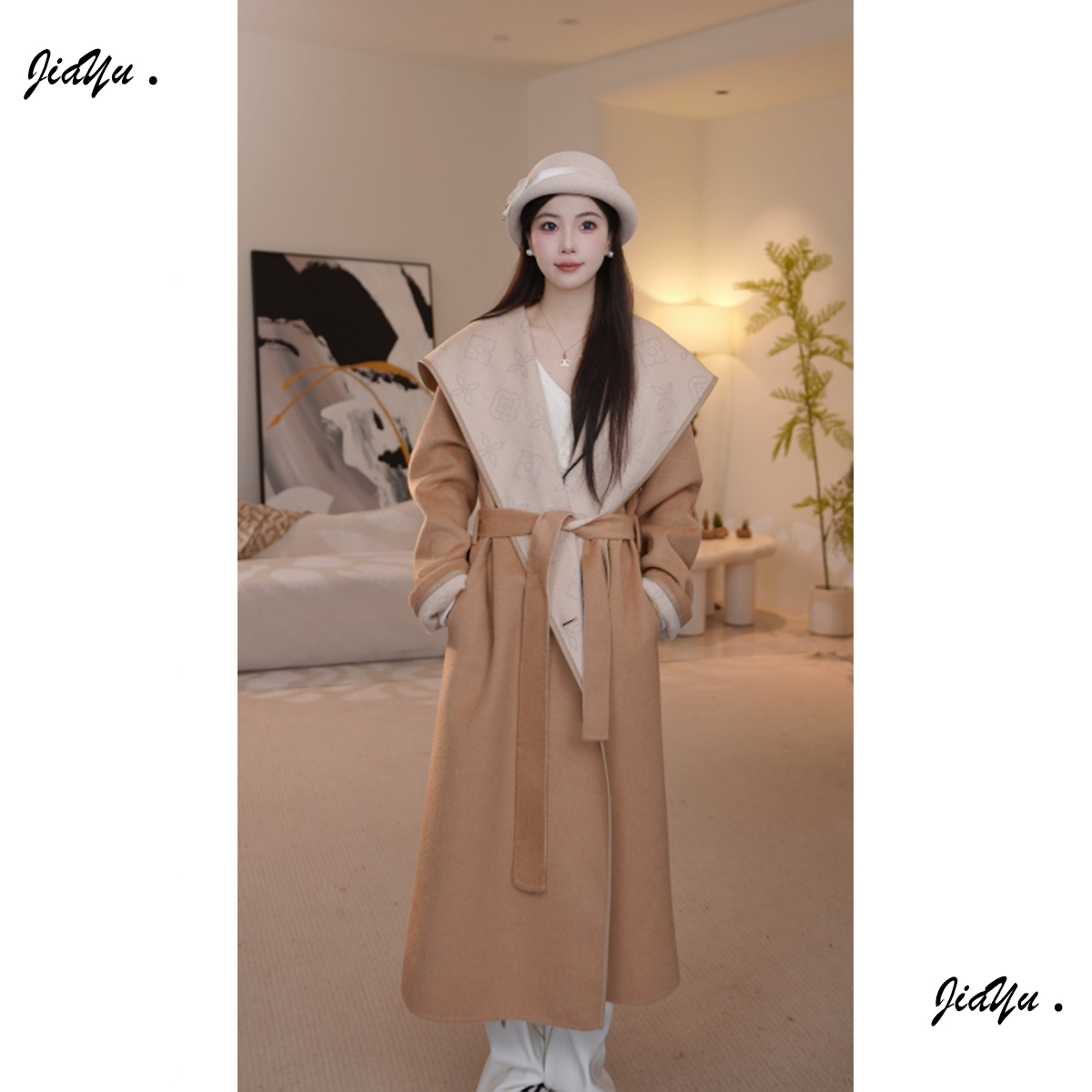 【佳瑜】MAISHANG老花双面呢外套女慵懒连帽系带大衣28D208-2