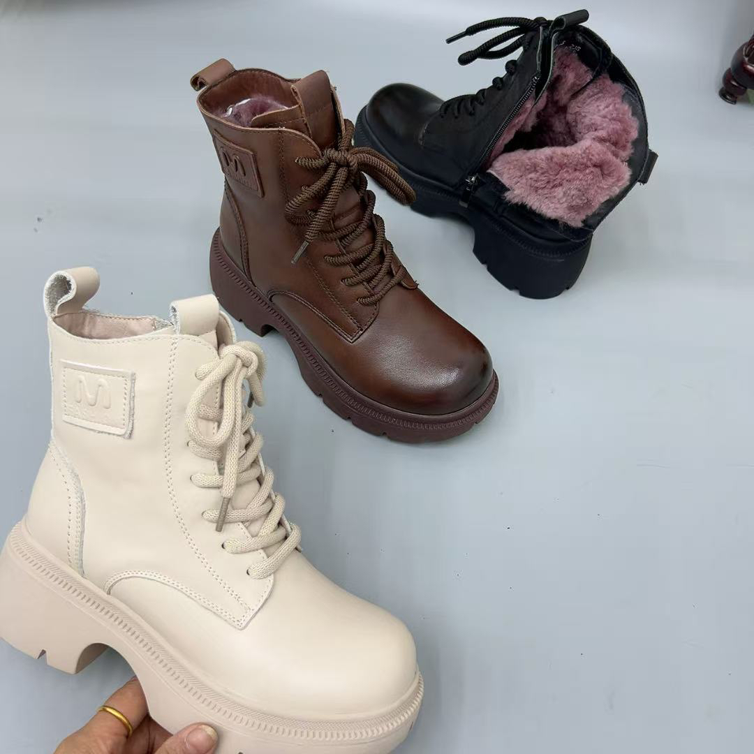 复古短筒高跟圆头马丁靴修面皮秋冬女士女冬季