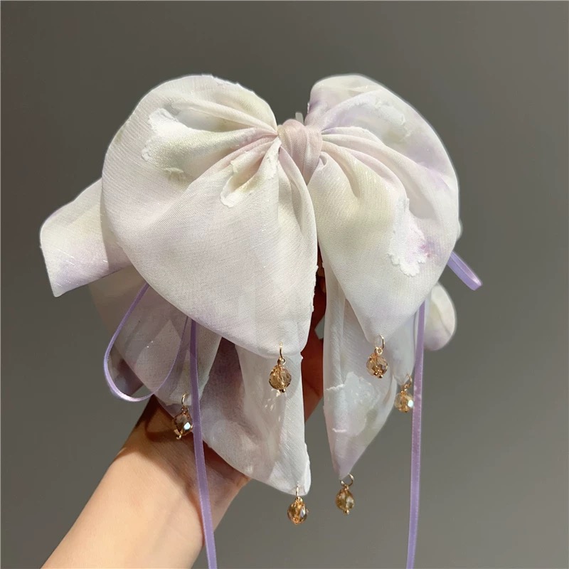 新款法式甜美印花网纱大蝴蝶结马尾抓夹半扎发发夹头饰发饰2739