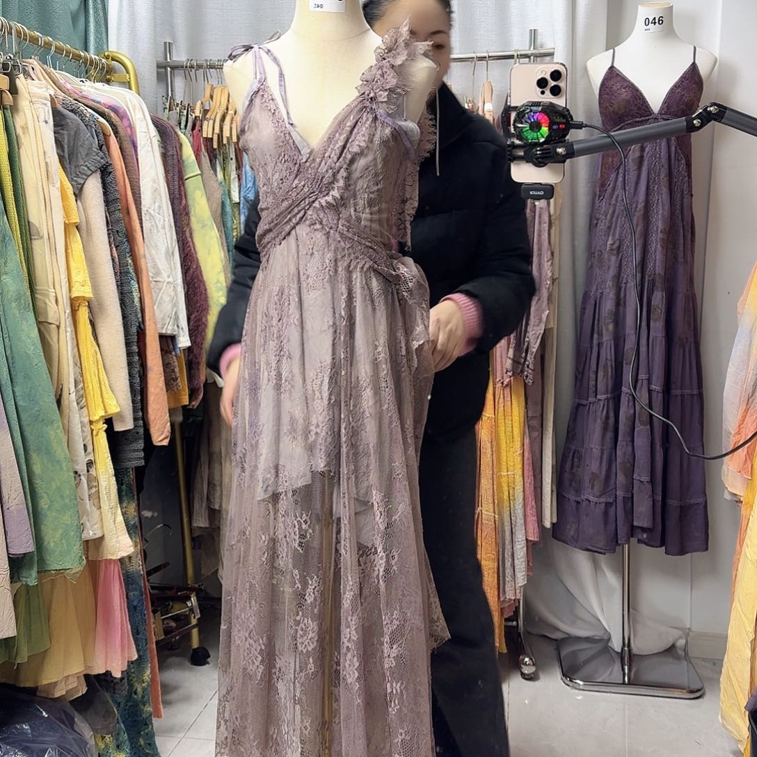 棉植物染烟紫色两件套吊带裙