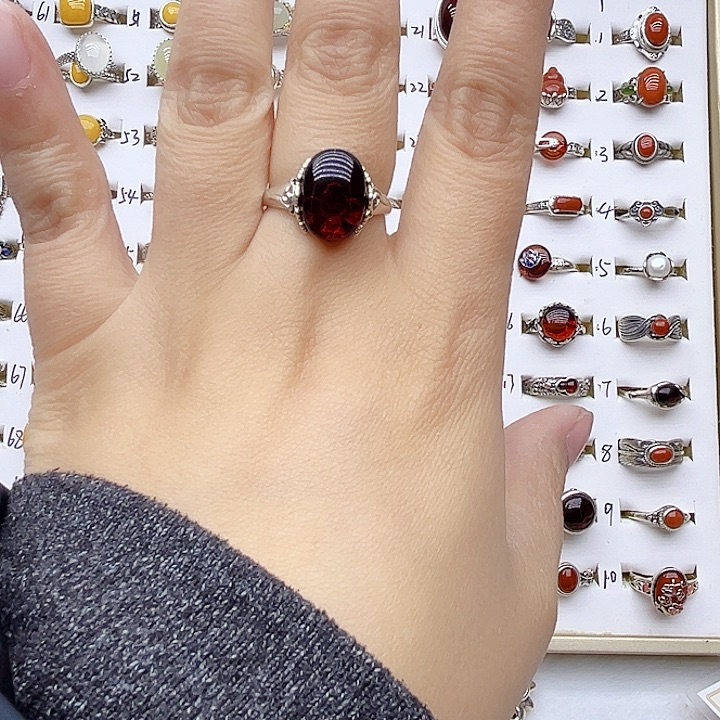 血珀戒指银S925镶嵌天然