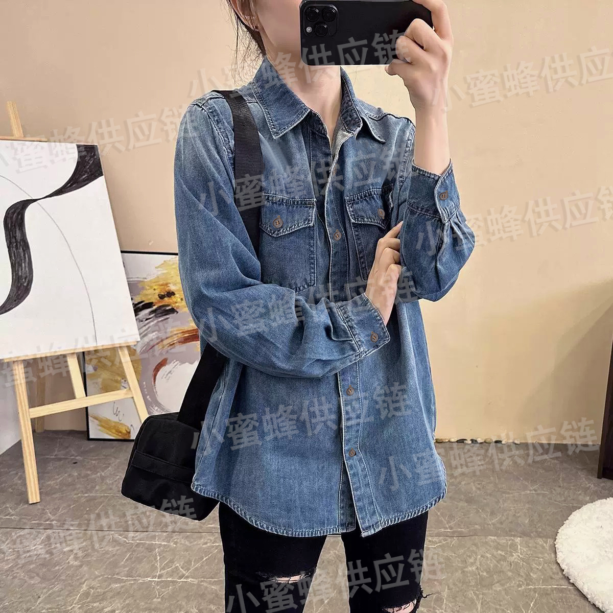 复古牛仔衬衫女2025叠穿新款衬衣外套内搭上衣春秋百搭水洗翻领