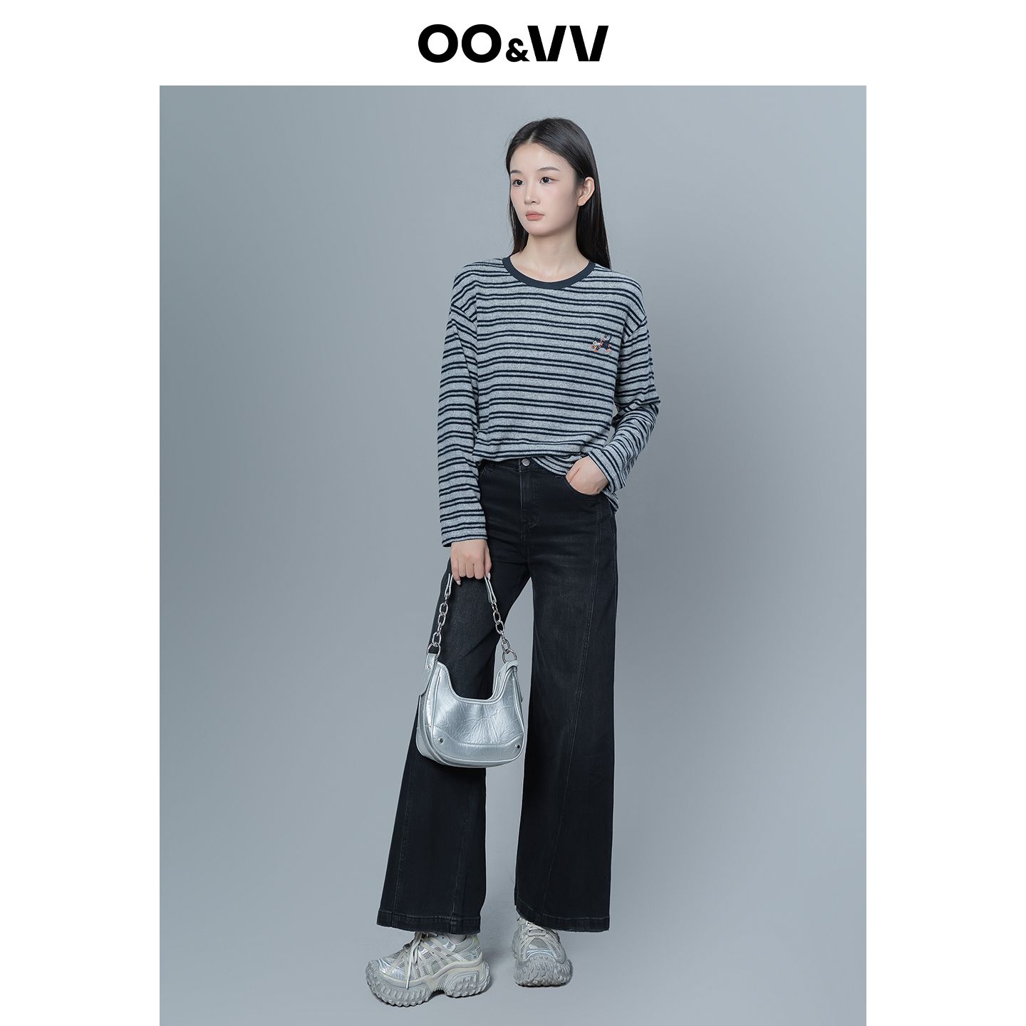 OO&VV灰黑条纹撞色圆领长袖针织T恤女2025秋宽松显瘦内搭单穿上衣