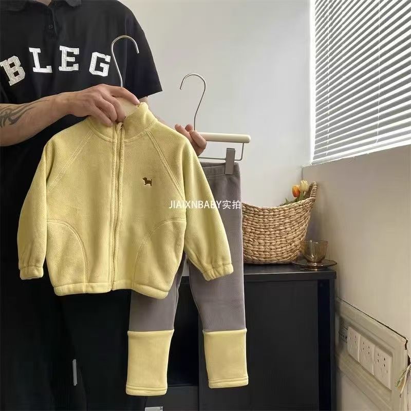 女童套装2025秋冬新款一体绒冬季加绒加厚双面奥粒绒休闲保暖套装