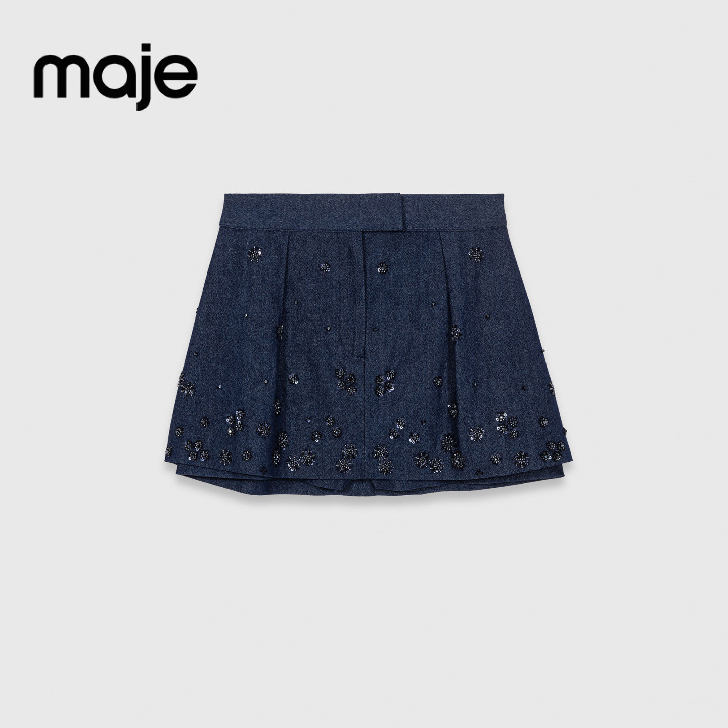 Maje2026春季新款法式仿珠饰亮片深蓝色高腰牛仔短裤MFPSH00729