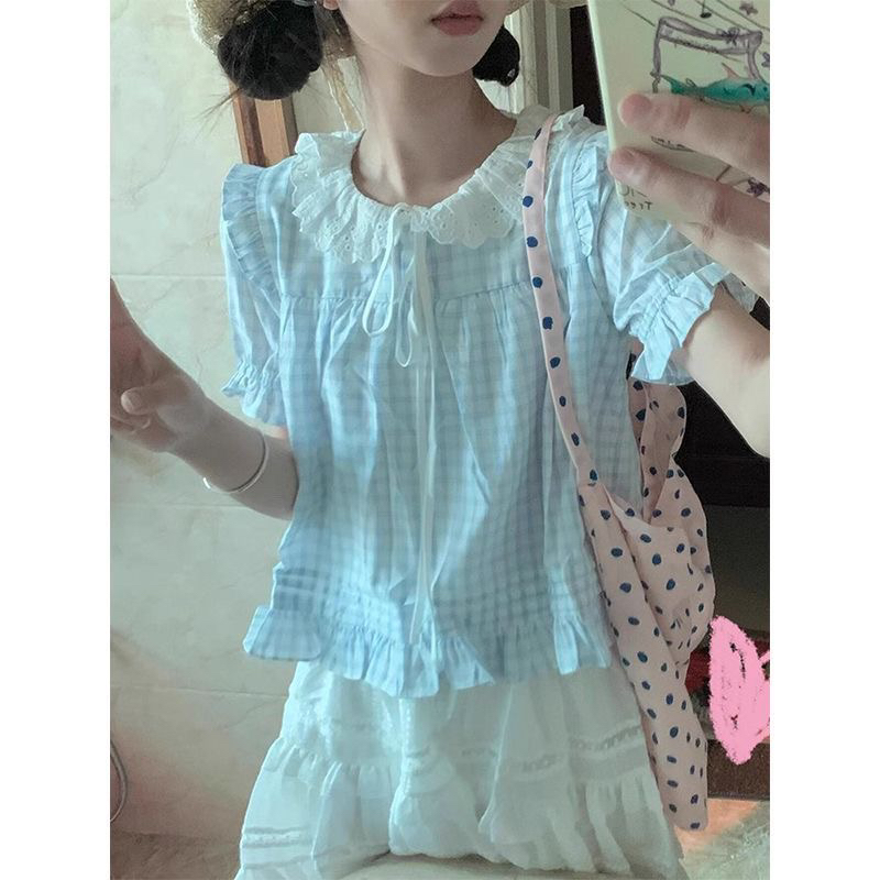 夏季大码女装甜美温柔奶甜蕾丝衬衫短款软妹学院风上衣格子娃娃衫