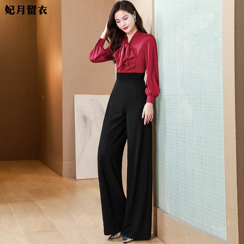 红色飘带修身连体裤秋季新品气质显瘦长袖裤轻奢时尚高腰设计