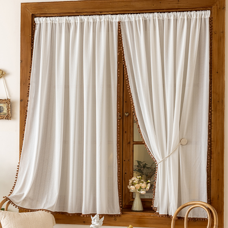 法式蕾丝纱帘免打孔安装飘窗短款半帘窗帘透光不透人卧室小窗户帘