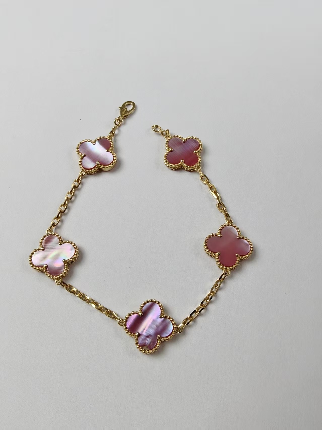 18K高定重金精工版 粉贝母五花 时尚百搭气质轻奢四叶草手链15mm