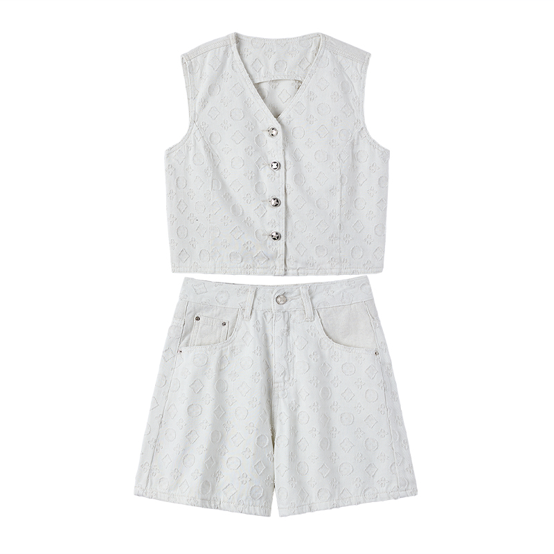 时尚白色提花牛仔套装女夏季无袖V领马甲慵懒时髦