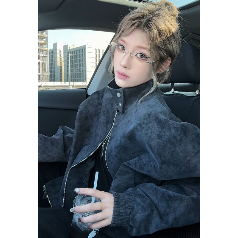 美式复古扎染短款皮衣夹克棉服男款秋冬毛茸茸半高领机车棉衣外套