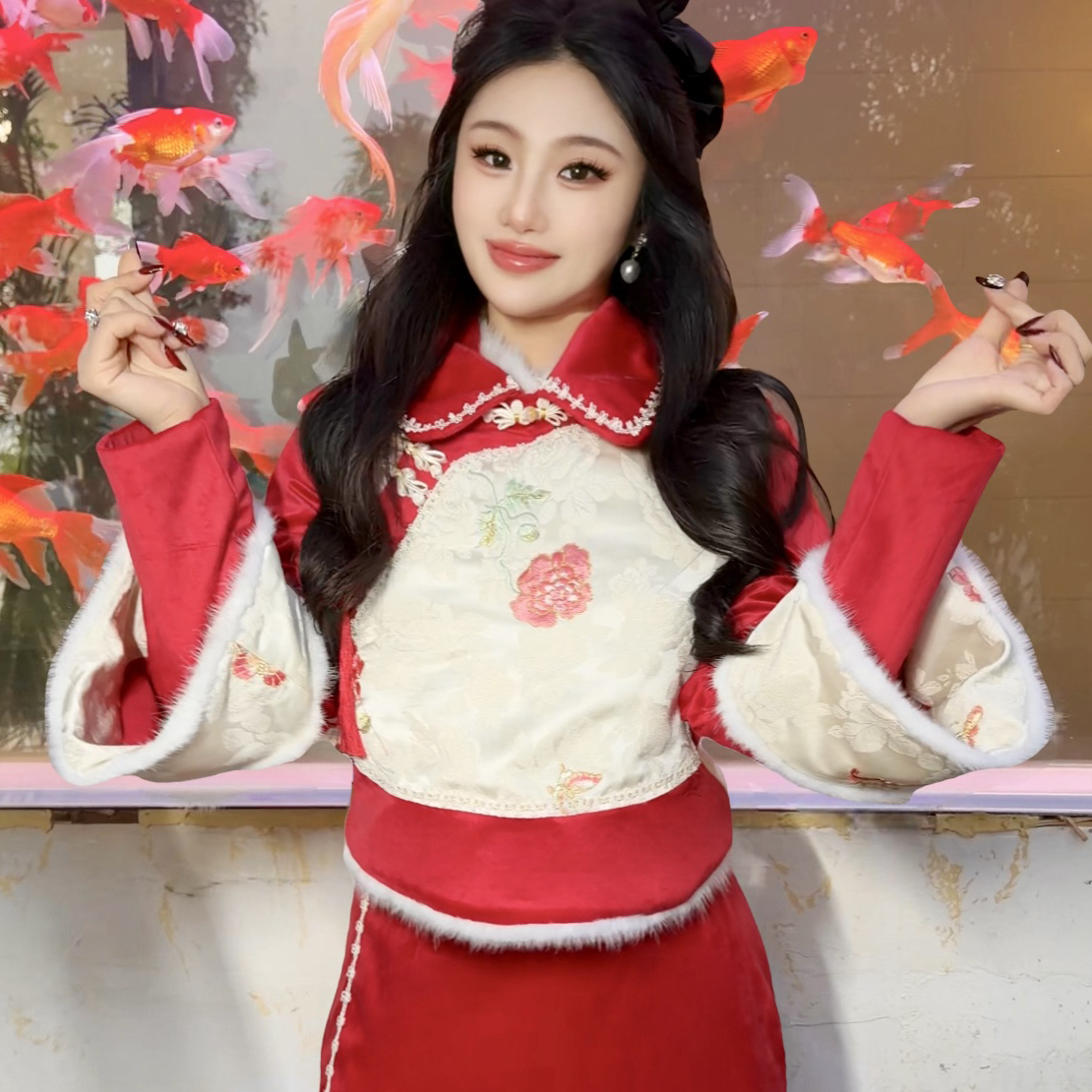 【媛珠 福星雅韵】重工刺绣国风水貂毛羊毛鹅绒马甲上衣显瘦+旗袍