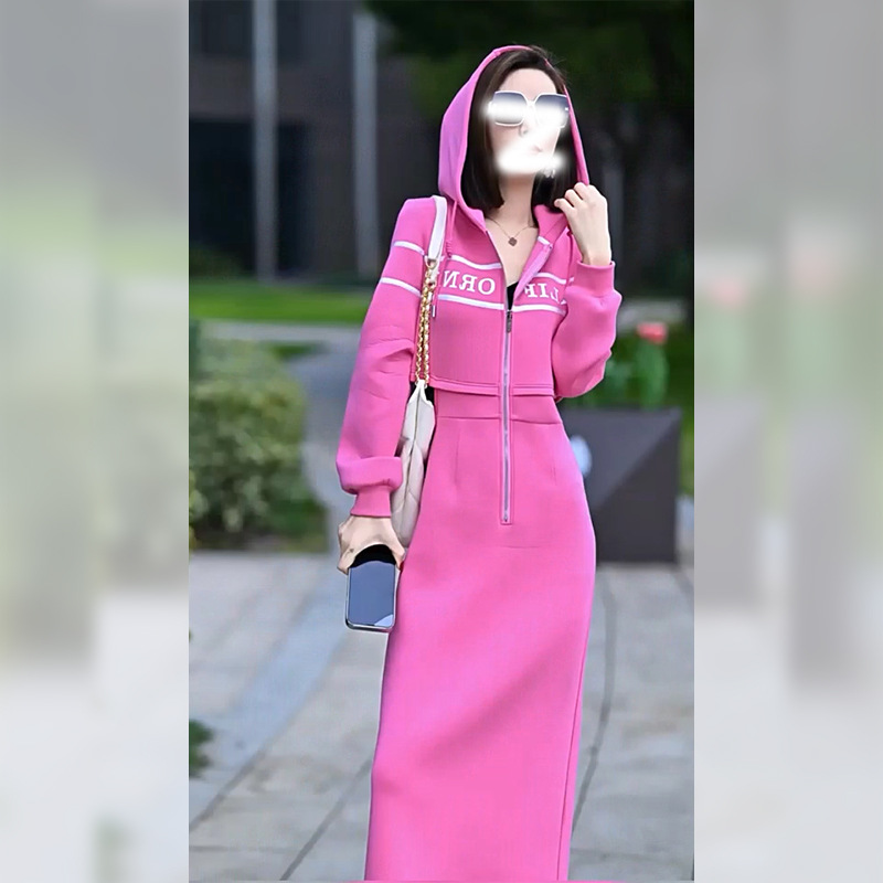 【欧若风】粉色连衣裙女气质时尚休闲洋气炸街感假两件长裙