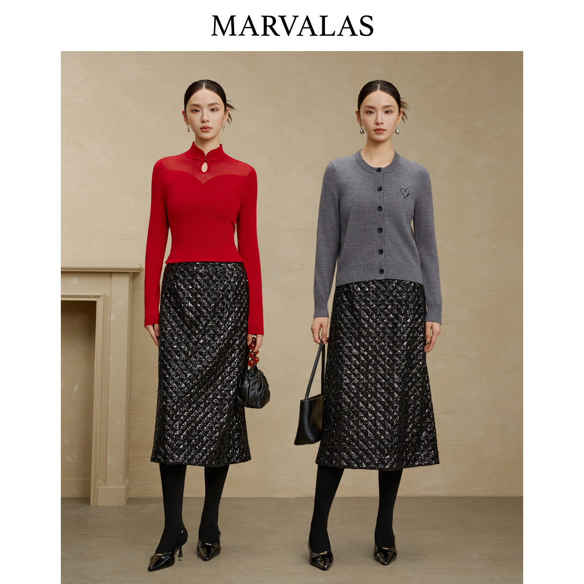 【安雅专属】高腰半身裙冬季新款复古菱格纹亮片半裙时尚中长裙