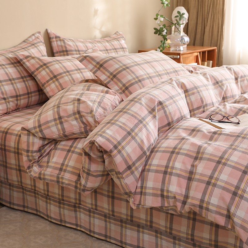 A类全棉色织水洗棉四件套100纯棉简约格子被套床单床上用品