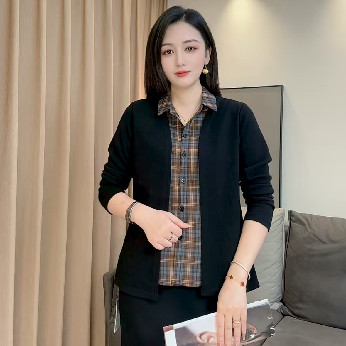 25716秋季常规假两件拼接长袖休闲时尚百搭显瘦衬衫纯色女
