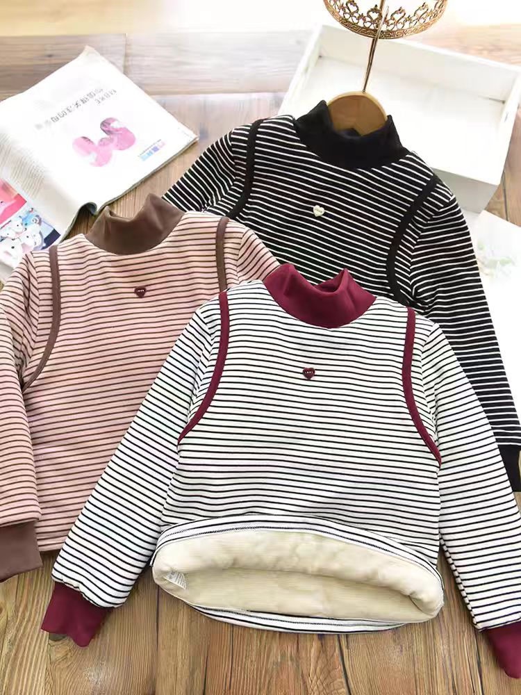 儿童加厚条纹半高领加棉加厚保暖卫衣长袖打底