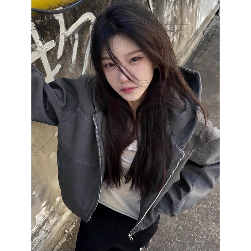 美式复古高级感连帽夹克上衣女春秋季新款bf风高街甜酷辣妹短外套