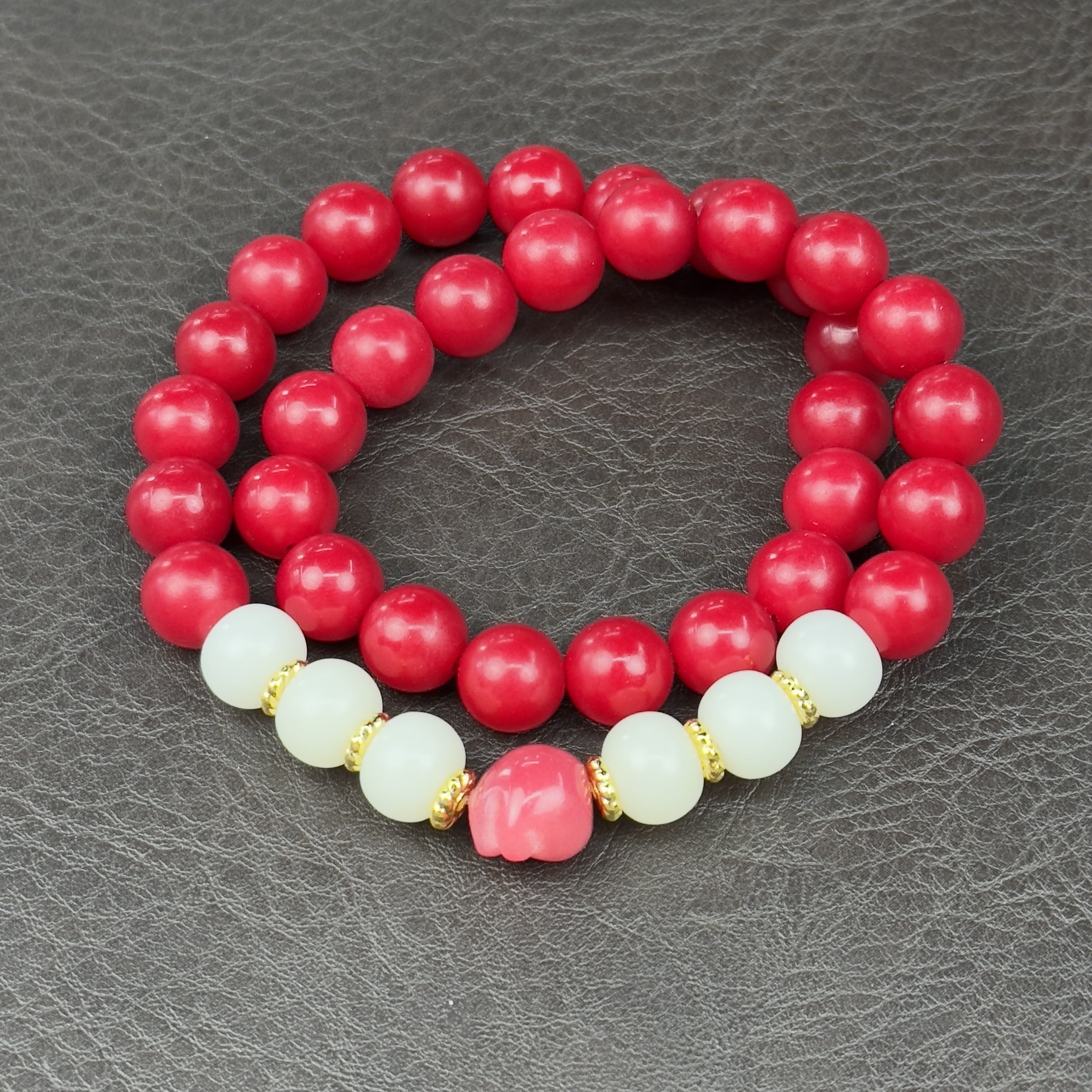 红玉菩提双圈圆珠+红猫爪+6白珠（无礼盒）K301