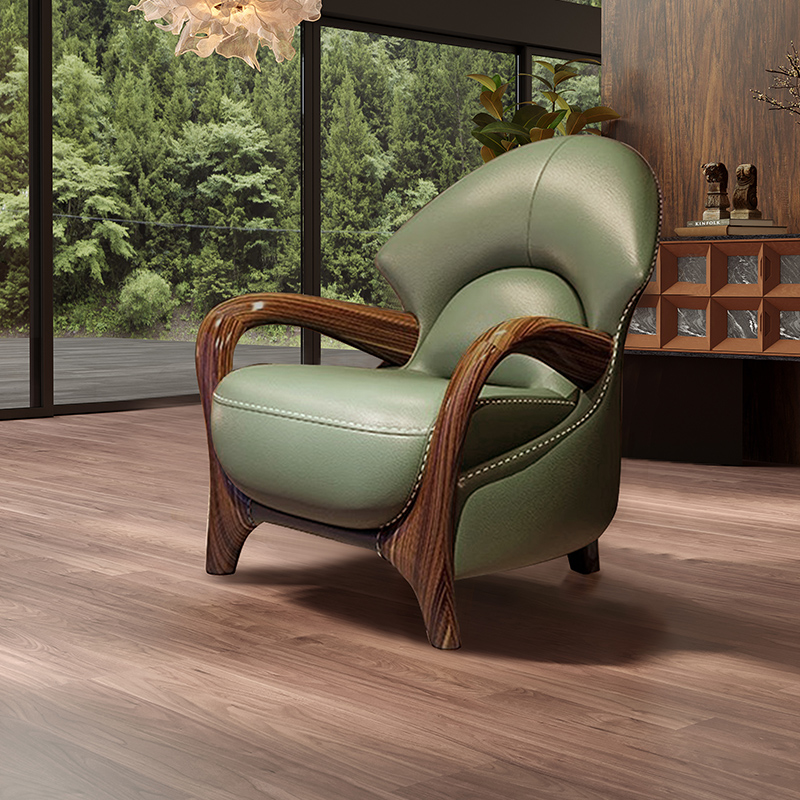 福全居乌金木黑胡桃色休闲椅实木真皮真皮椅设计师单人沙发椅