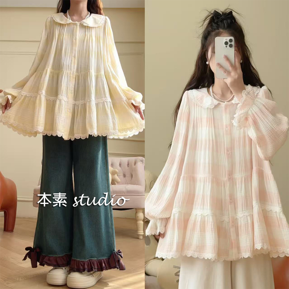 奶fufu-条纹Y2434-2条纹蕾丝边全开扣娃娃领长袖连衣裙