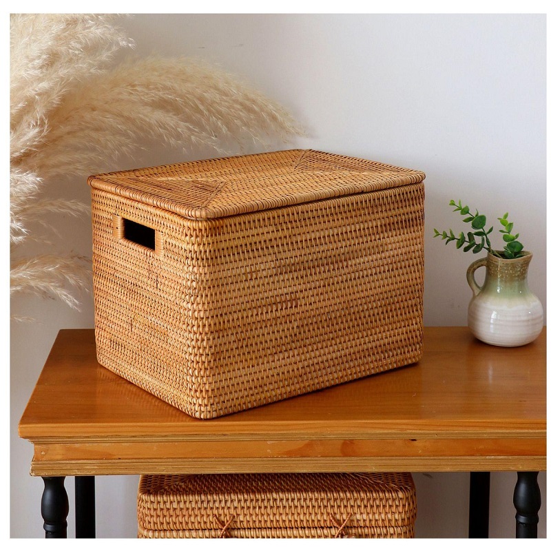 植物真藤手工编织衣物收纳框藤编收纳筐长方形50*30*30提手带盖