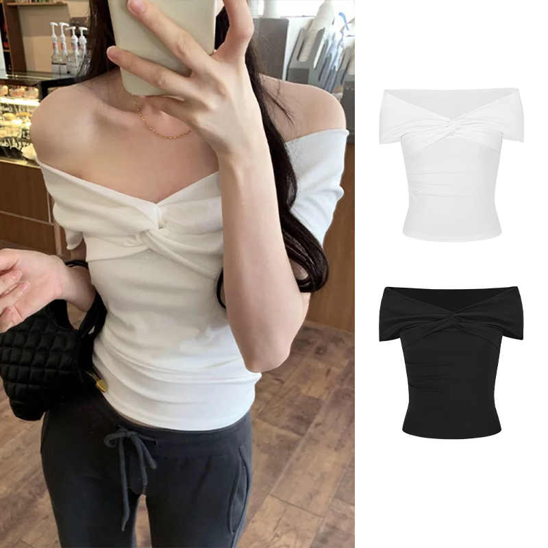 Moses Queen/魔西女王法式气质T恤女别致蝴蝶结一字领短袖上衣