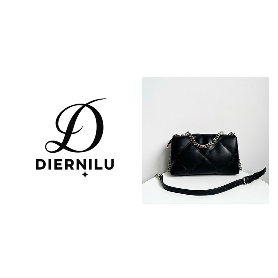 精致复古菱格绣线黑色链条斜挎包-66316