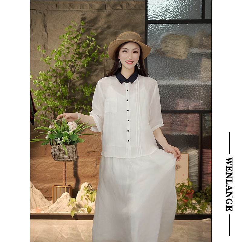 【100%苎麻】7731简约气质撞色翻领抽褶衬衫25夏季宽松百搭气质衬衣