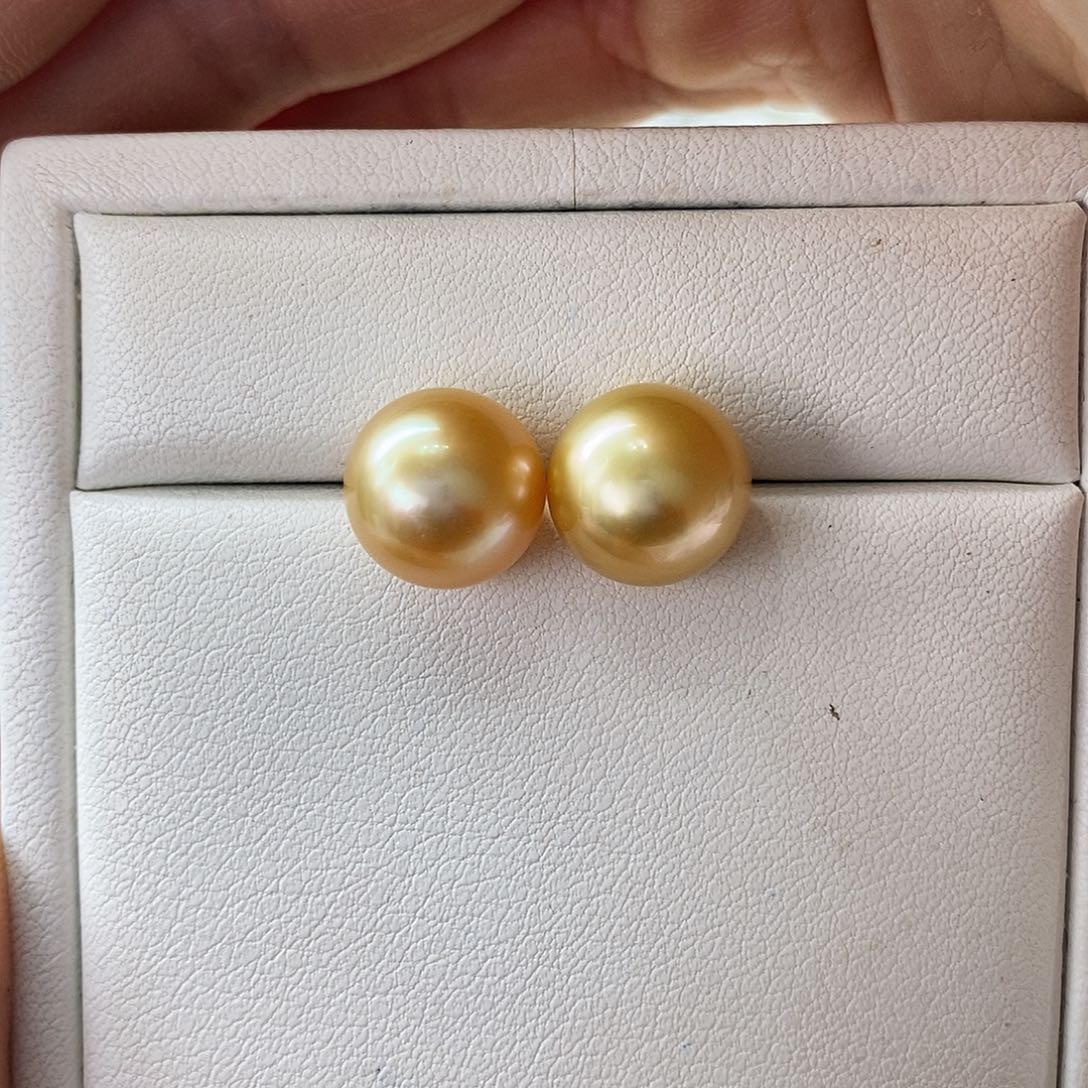 海水珍珠耳饰18K金镶嵌南洋金珠10-11m m