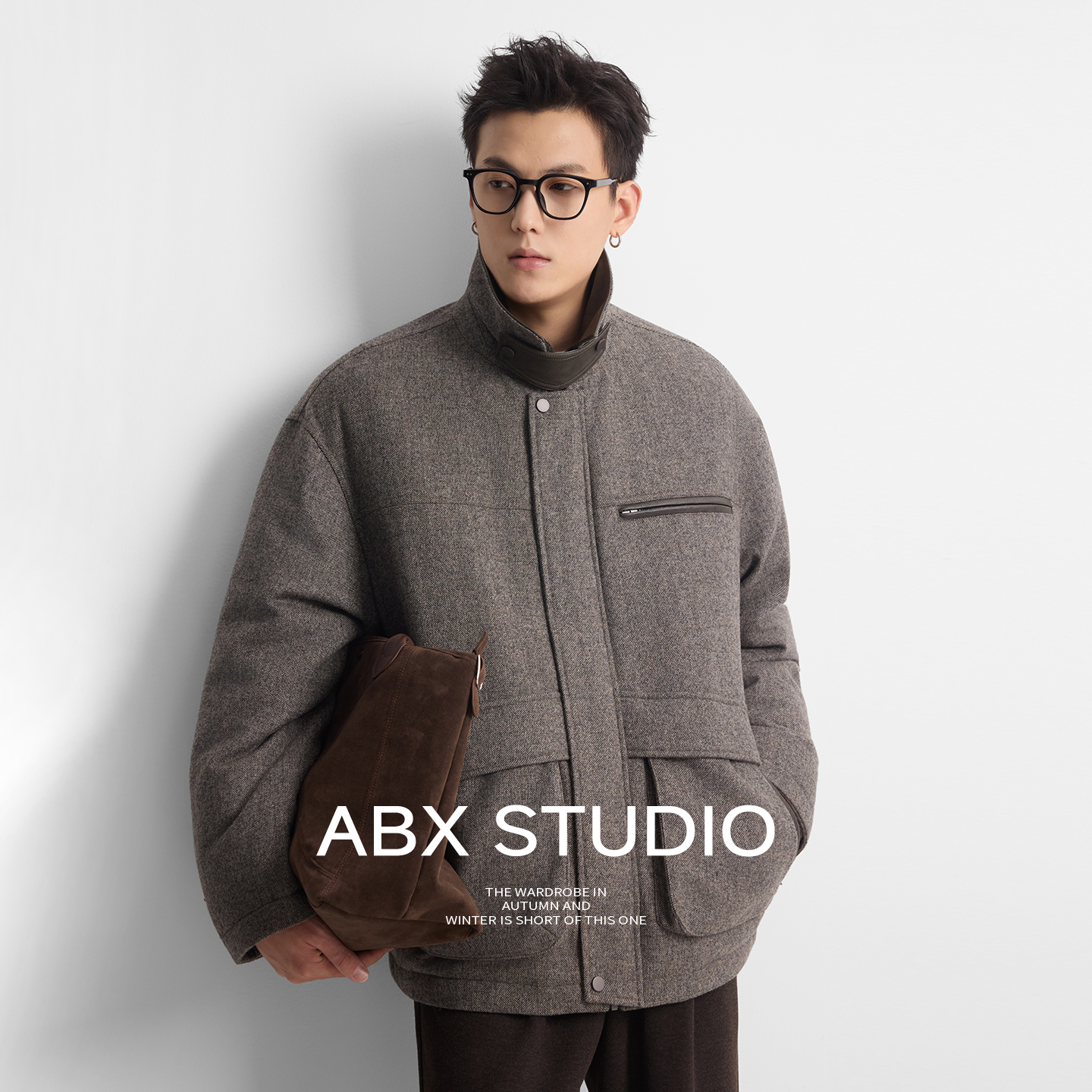 abx 三星90白鸭绒 羊毛混纺肌理面料 冬季立领羽绒服夹克男外套