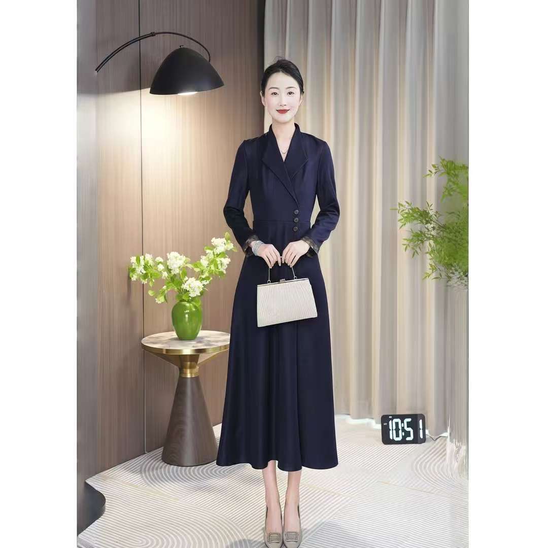 吸汗V领长袖A字裙X型连衣裙复古长裙女神