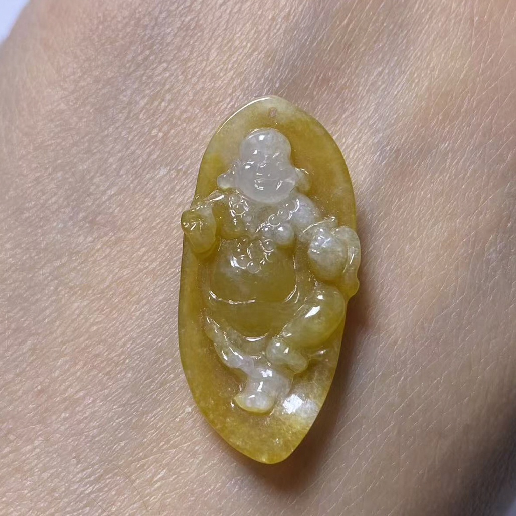 天然缅甸翡翠A货冰黄自在佛